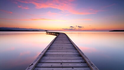 Fototapeta premium Serene sunset over tranquil waters with a wooden pier stretching into the horizon