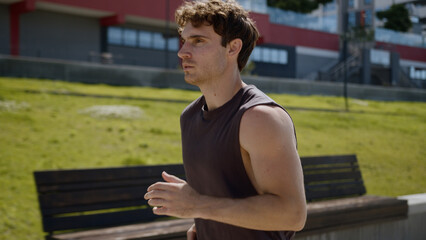 Caucasian man athlete sportsman outdoor sport sportive running runner jogger guy cardio workout...
