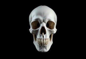 A stark white skull against a deep black backdrop,  graphic,  scary