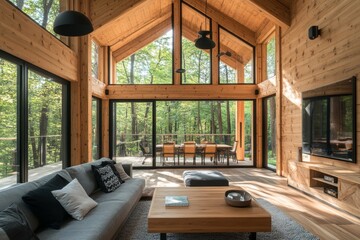 Fototapeta premium Wooden house in the forest with vaulted ceilings, enhancing the design of a modern living room that connects with the natural surroundings, Generative AI