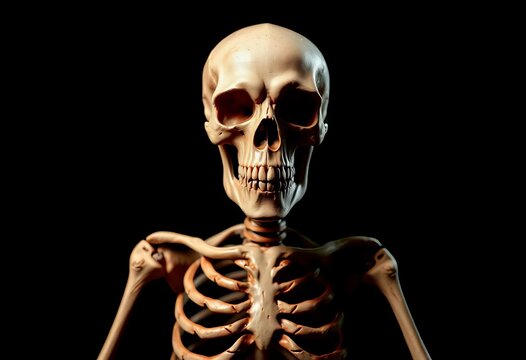 A terrifying skeletal figure dominates a stark black backdrop,  night,   human skeleton