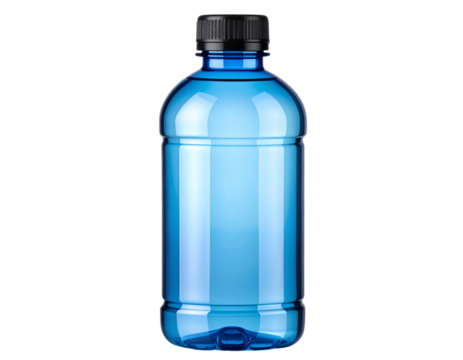 Blue transparent water bottle with black cap, isolated on a transparent background