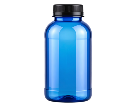 Blue transparent water bottle with black cap, isolated on a transparent background