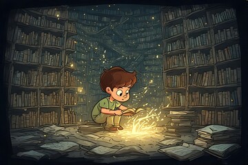 Boy discovers magical glowing book amidst towering library stacks.