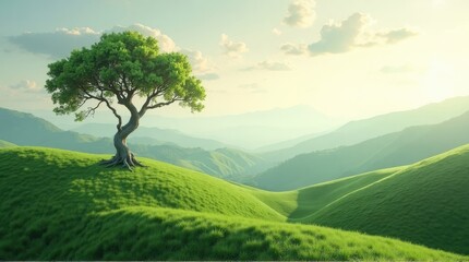 Fototapeta premium Lush green hills with a solitary tree under a serene sky.