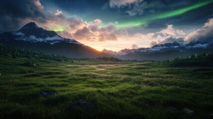 Endless grasslands under the ethereal glow of the northern lights, where celestial horses roam free, leaving trails of shimmering stardust in their path
