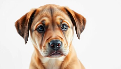 Obraz premium Adorable Labrador puppy gazing intently at the camera against a pure white backdrop, animal portrait, yellow lab