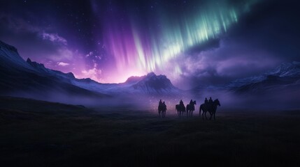 Fototapeta premium Endless grasslands under the ethereal glow of the northern lights, where celestial horses roam free, leaving trails of shimmering stardust in their path 