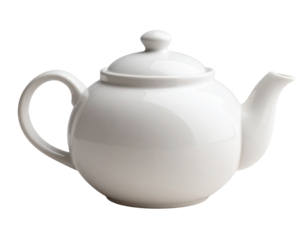 Realistic white ceramic teapot with curved spout and lid, isolated on a transparent background