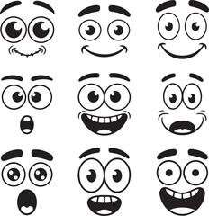 Black and white cartoon facial expressions with wide eyes and mouths faces