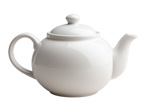 Realistic white ceramic teapot with curved spout and lid, isolated on a transparent background