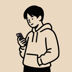 Obraz premium Young Man in Hoodie Using Smartphone - Minimalist Illustration