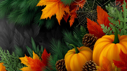 Fototapeta premium Autumn Harvest Still Life with Pumpkins Pine Cones Leaves and Spider Web