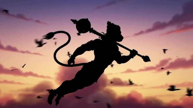 Silhouette of Hanuman flying with a mace over a colorful sky, surrounded by birds.