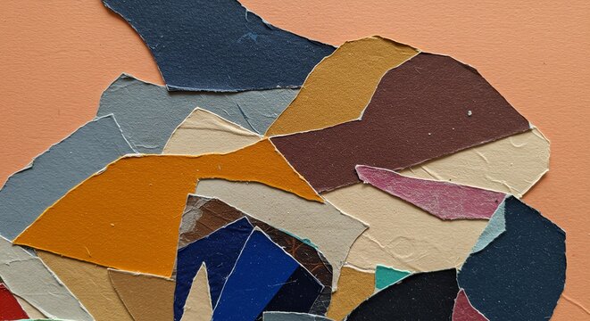 Abstract collage art with colorful paper scraps on orange background