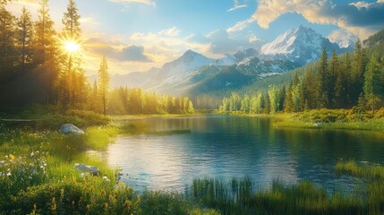 Obraz premium Summer Landscape with Scenic Views and Sunshine Representing Outdoor Adventure Bright Sunshine and Nature Beauty for Travel Marketing Eco-Tourism and Summer Campaigns