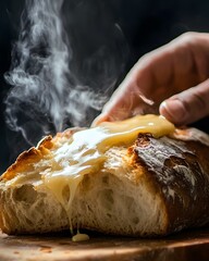 Slice of bread with melted cheese oozing out of it