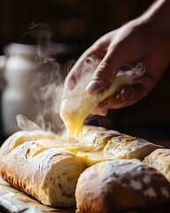 Person is pouring a yellow substance onto a piece of bread