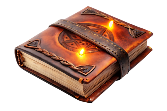 Ancient leather spellbook with embossed pentagram and glowing orange light emanating from within isolated on a transparent background