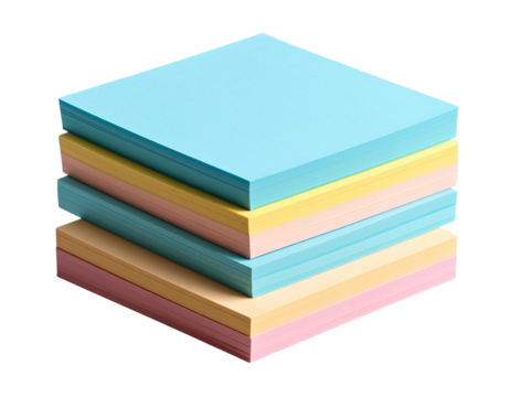 Stack of sticky notes in multiple pastel colors, isolated on a transparent background