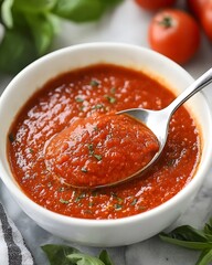 Spoonful of red sauce is being scooped out of a white bowl