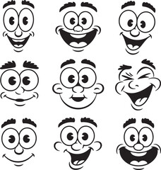 Cheerful cartoon faces with expressive eyes and wide smiles expressions happy