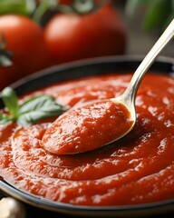 Spoonful of red sauce is being scooped out of a bowl