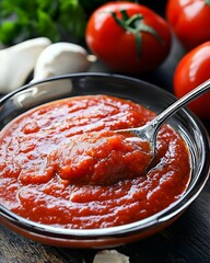 Spoonful of red sauce is in a bowl with a few tomatoes and some garlic