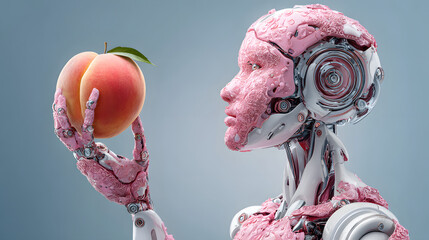 Half-body Humanoid AI Robot with Peach-Themed Food & Beverage Concepts