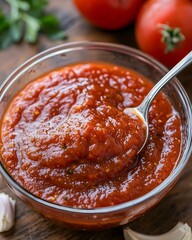 Spoon is in a bowl of red sauce