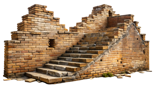 Ancient weathered brick staircase section of a historic wall with crumbling stone steps isolated on a transparent background