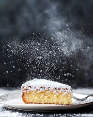 Slice of cake with powdered sugar on top