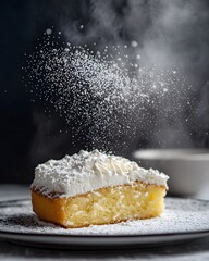 Slice of cake with powdered sugar on top