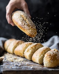 Person is sprinkling sesame seeds on a loaf of bread
