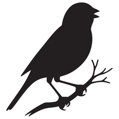 Black Silhouette of a Small canary Perched on Branch Vector Illustration