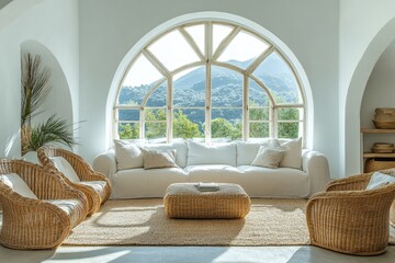 Big arched windows in a room with a white sofa and wicker armchairs, contributing to the modern living rooms airy and natural design, Generative AI