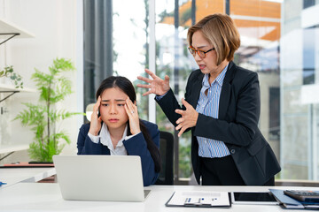 stress at work, emotional pressure, angry boss and tired unhappy woman employee.