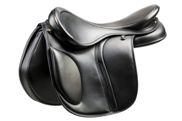 Black leather dressage saddle with deep seat and padded knee rolls isolated on a transparent background