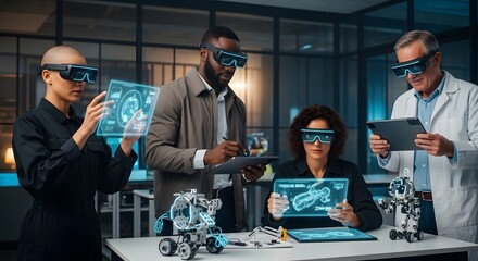 Diverse team of engineers and scientists collaborate in a modern lab, using VR headsets and holographic displays to analyze data and design robotics.