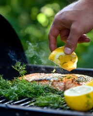 Person is grilling salmon and adding lemon slices to it