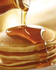 Stack of pancakes with syrup dripping from them