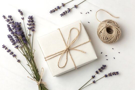 Minimalist gift box with dried lavender flowers, elegant white parcel wrapped in twine, rustic floral flat lay for wedding or birthday celebration