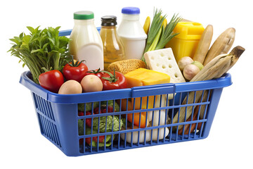 Blue plastic supermarket shopping basket filled with fresh groceries and dairy products isolated on a transparent background