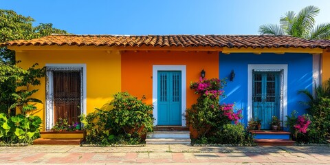 Colorful traditional private houses, offering a vibrant and inviting residential architecture exterior, Generative AI