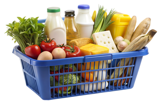 Blue plastic supermarket shopping basket filled with fresh groceries and dairy products isolated on a transparent background