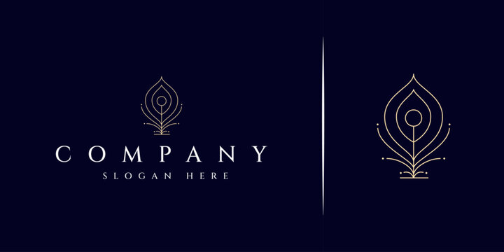Luxury peacock feather logo with minimalist linear outline line art design style