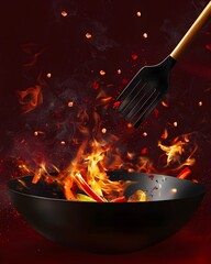 Black wok with a spatula in it, with a lot of red and yellow food