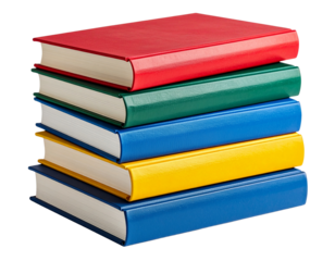 Realistic stack of hardcover books in assorted colors, isolated on a transparent background