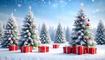 Obraz premium Snowy Christmas Trees with Red Ornaments and Gifts in a Winter Wonderland