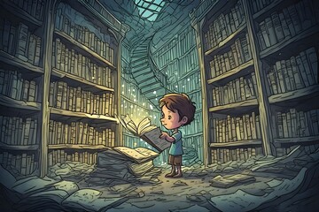 Young boy discovers magic within an ancient, sprawling library filled with towering bookshelves.